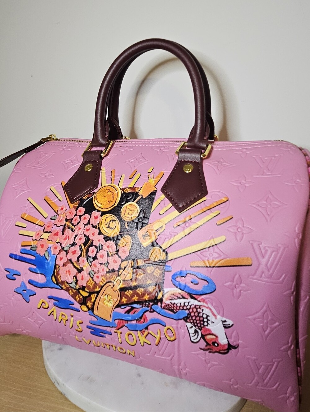 Unique Pink Embossed P9 Speedy Inspired Bag with Asian Floral & Coin Graphics